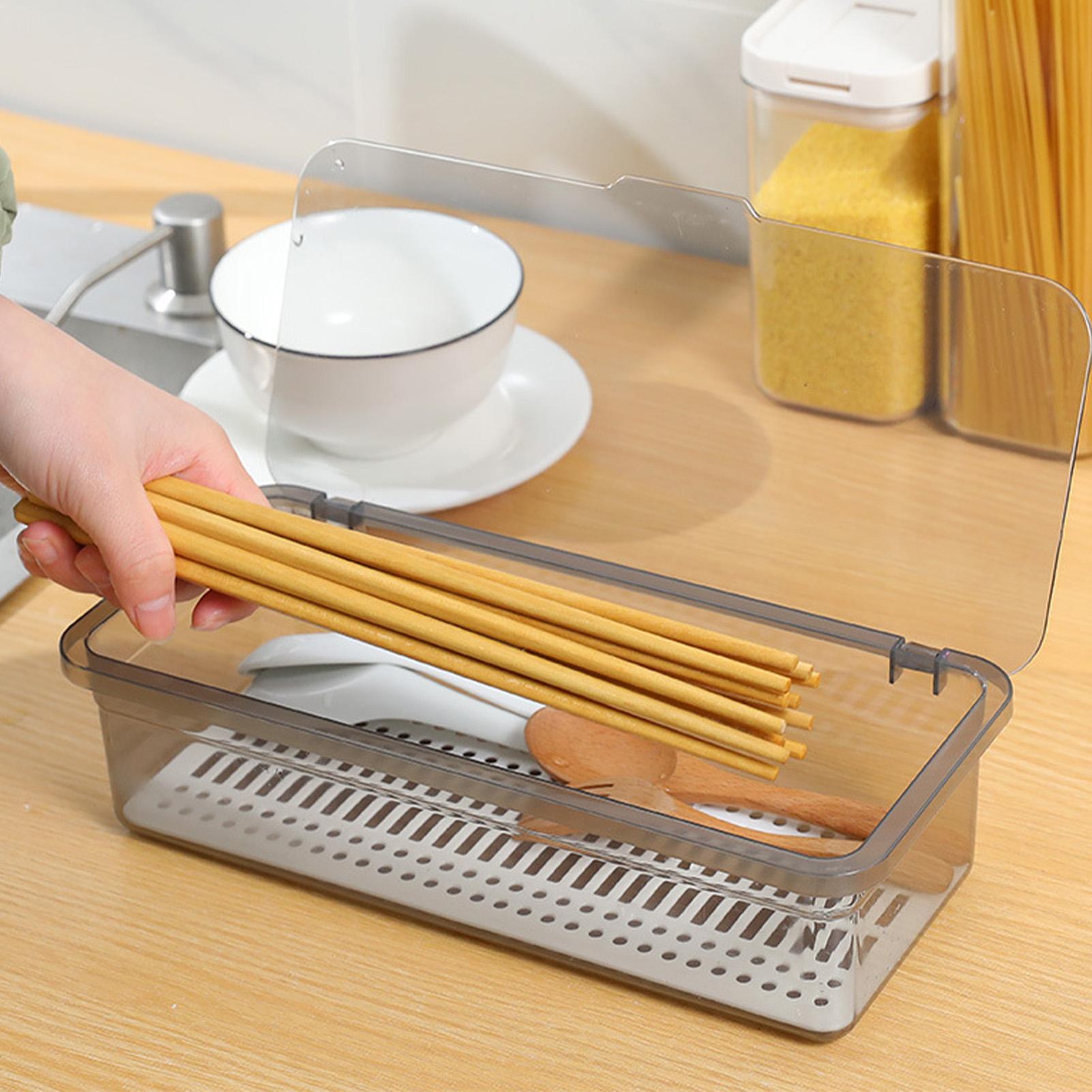 

Flatware Tray with Lid and Drainer Dustproof Transparent Fashionable Silverware Countertop Storage Container for Kitchen