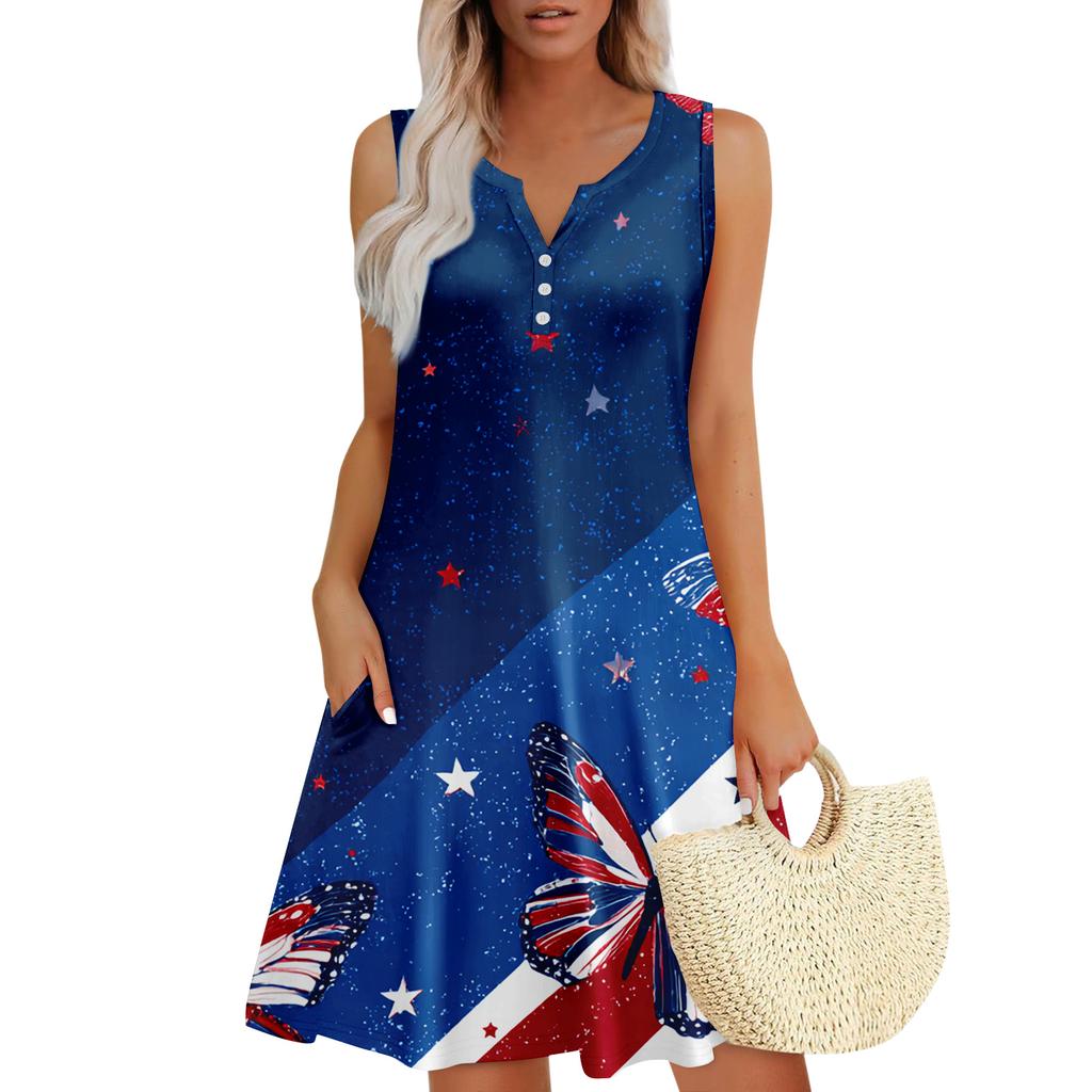 Damen Sommerkleider Lockeres V-Ausschnitt Ärmelloses Sommerkleid Kleid Mit Taschen
