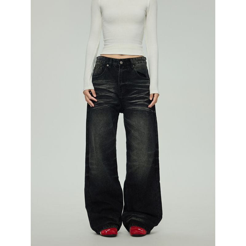 Black of Exit American Trendy Brand Scimitar Pants Loose Casual Wide-Leg Washed Distressed High Street Jeans for Men