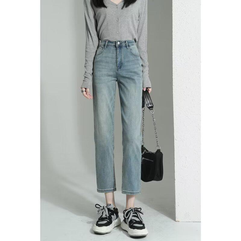 2025 Spring/Autumn Women's High Waist Straight Leg Jeans - Slimming Light Tone Cropped Cigarette Pants