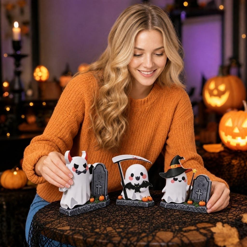 Halloween Graveyard Ghost Decorations 3pc Set Ghost Figures with Tombstones and Props for Indoor Outdoor Seasonal Display