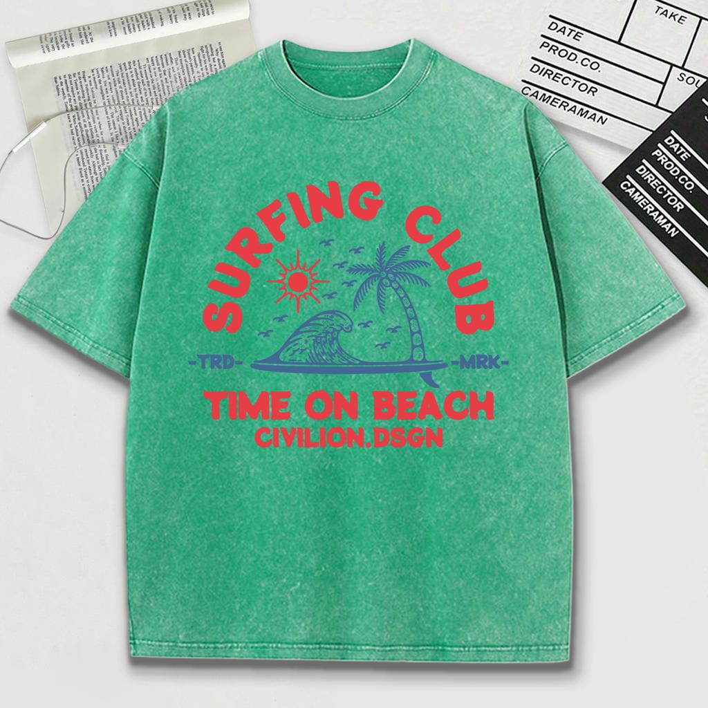 Surfing Club Time On Beach Civilion Print Retro Tee Shirts Summer Cotton Loose Men T Shirt Soft Sportwear Washed Clothes