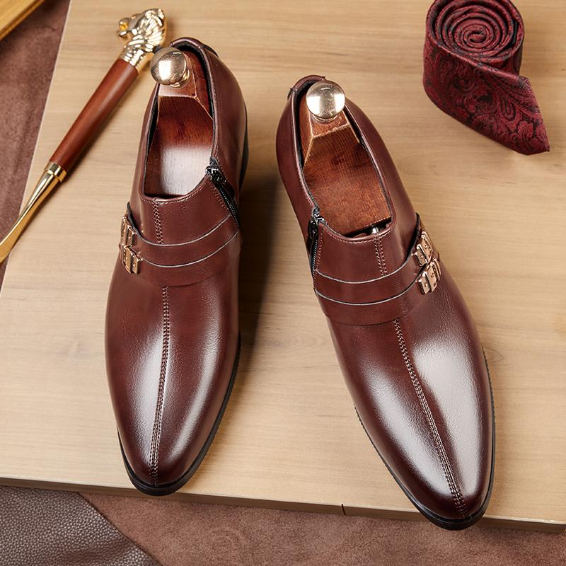 Fashion High Quality Leather Formal Dress Men's Loafers Pointed Toe Metal Tipped Handmade 5.8cm High Heels Man Wedding Party Shoes