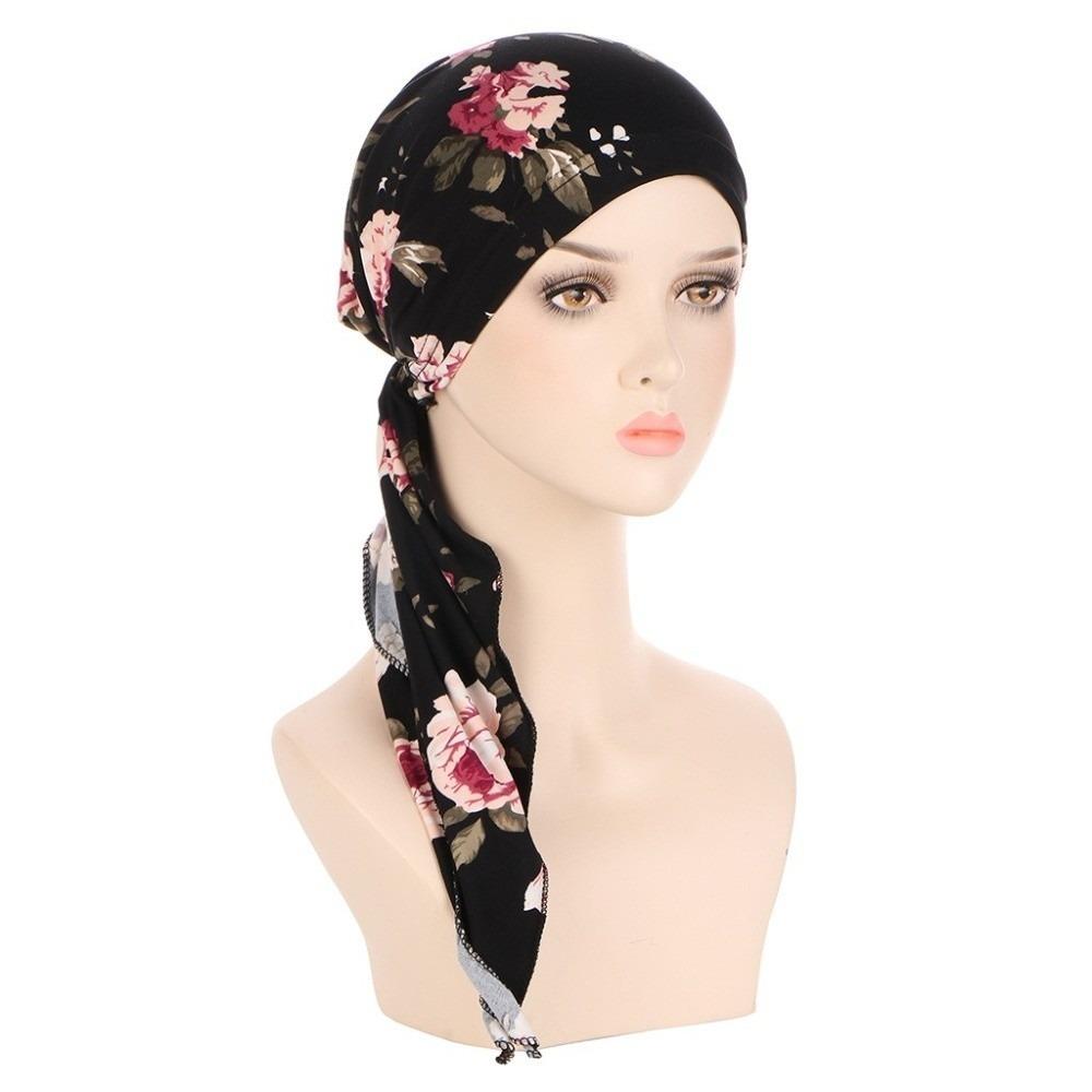 Hair Loss Cover Turban Hijab Elastic Stretch Flower Print Head Scarf Soft Chemo Hat Cap for Women