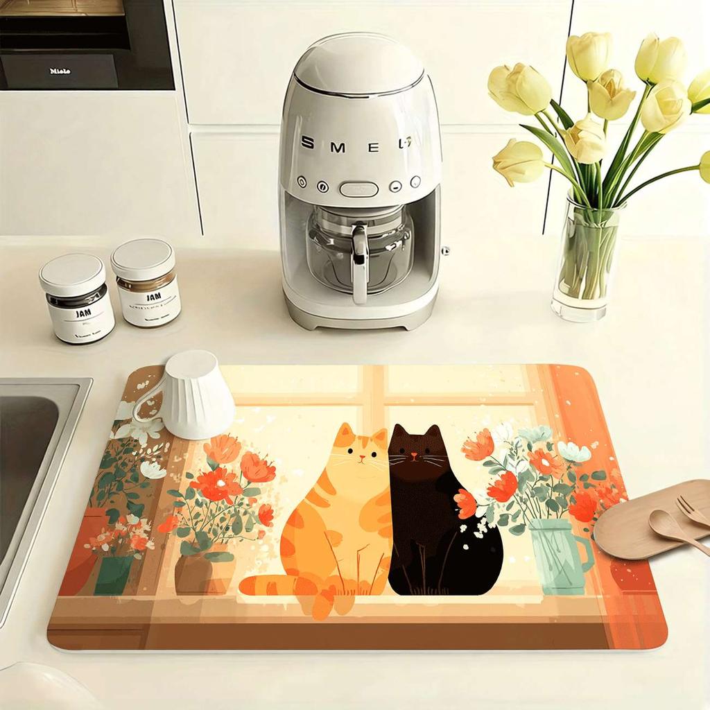 1Pcs Rubber Drying Mat With Orange Black Cat  For Coffee Shop Restaurant Kitchen Carpet Tableware Durable Diatom Mud Table Mat Pet Mat Coffeeware