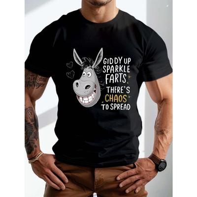 Plus Size Men's Summer T-shirt, Giddy Up Sparkle Farts Graphic Print Short Sleeve Tees Trend Casual Tops for Daily Life, Big & Tall Guys
