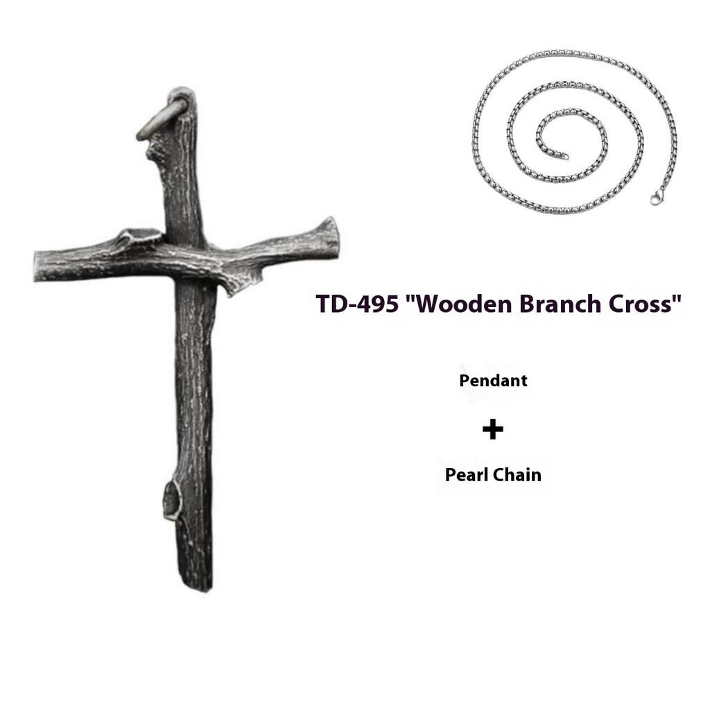 Retro Personalized Thai Silver Wooden Branch Cross Realistic Too Angle Necklace Versatile Pendant for Men and Women