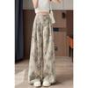 Summer Women Vintage Print Linen Thin High Waist Wide Leg Pant Trouser With Pocket