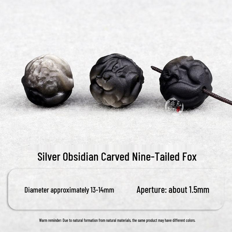 Silver Obsidian Ruyi Nine-Tailed Fox Moon Bracelet with Meteorite Beads