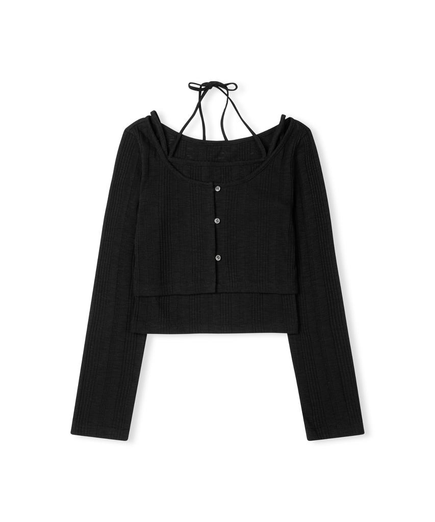 Ledeoli Halter Neck Sleeveless Cardigan Set [Black]