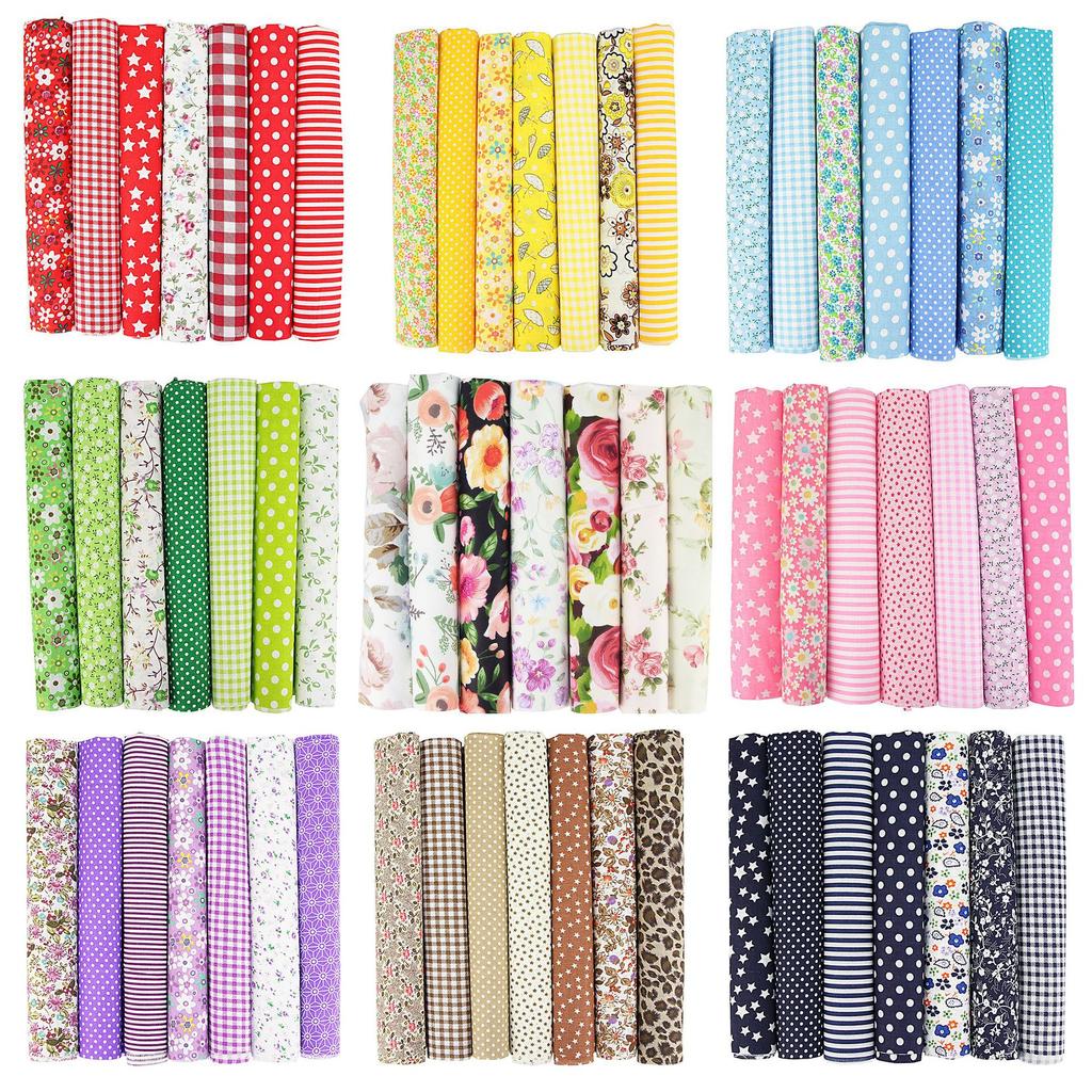 Sada 7 barevných patchworků: Bavlna v hladké vazbě, Květinová, Kostkovaná, Puntíkatá, Ručně vyrobená tkanina pro kutily.