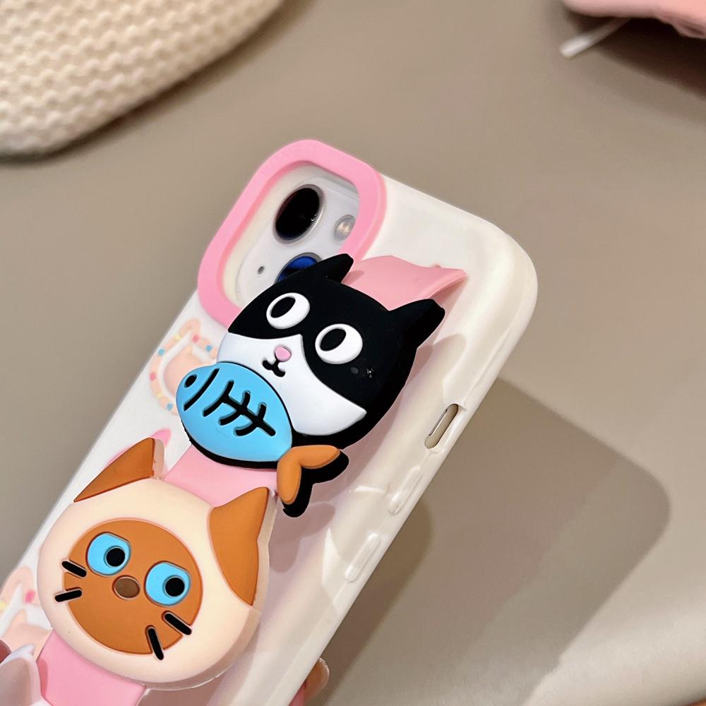 KEYSION Süße Farben 3D Katzenkopf Armband Handyhülle für iPhone 13 14 15 16 17 Pro Max Silikon Ständer Stoßfeste Rückseite