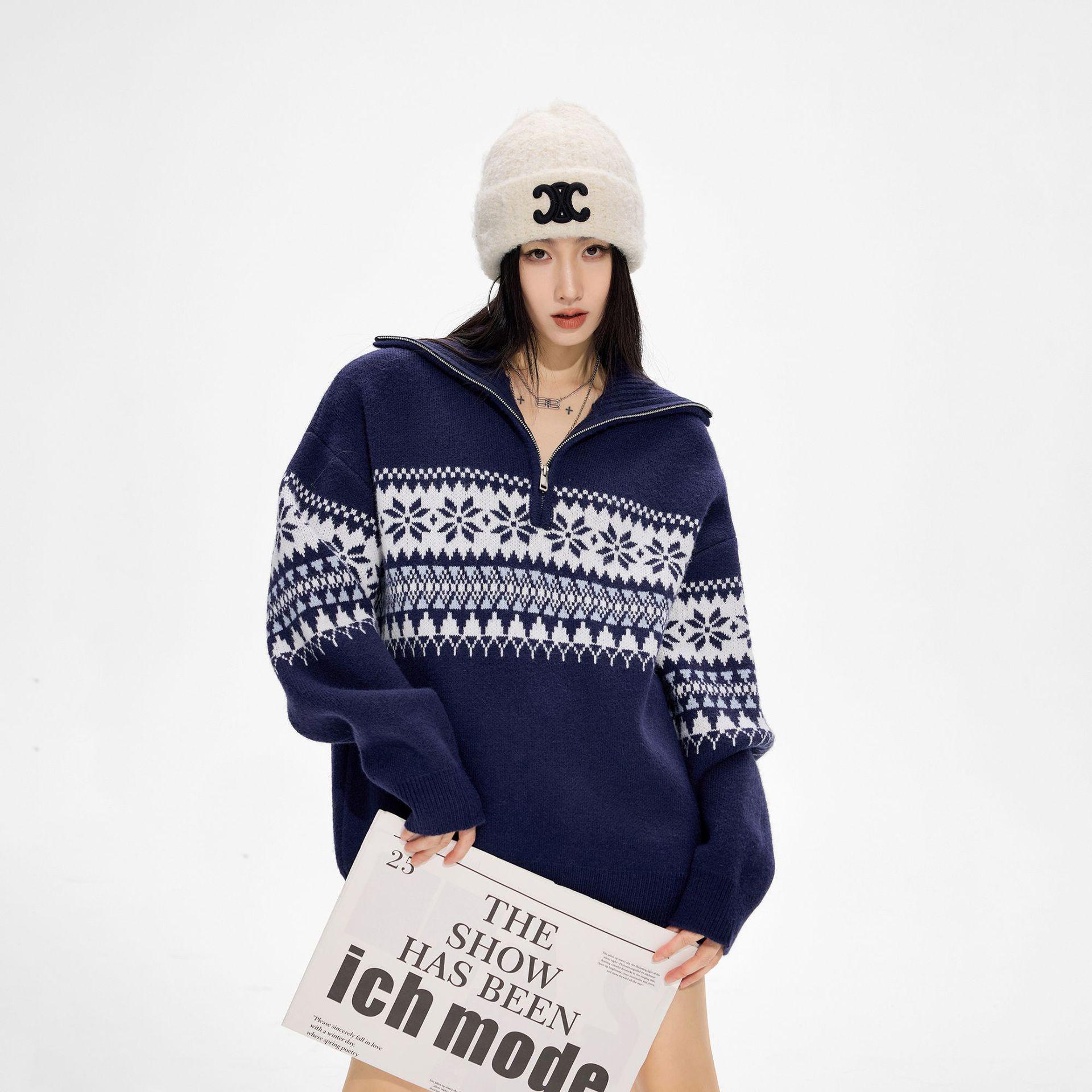 Unisex Red Fair Isle Half-Zip Sweater for Autumn/Winter – High-End Knitwear Cardigan Trend XXL