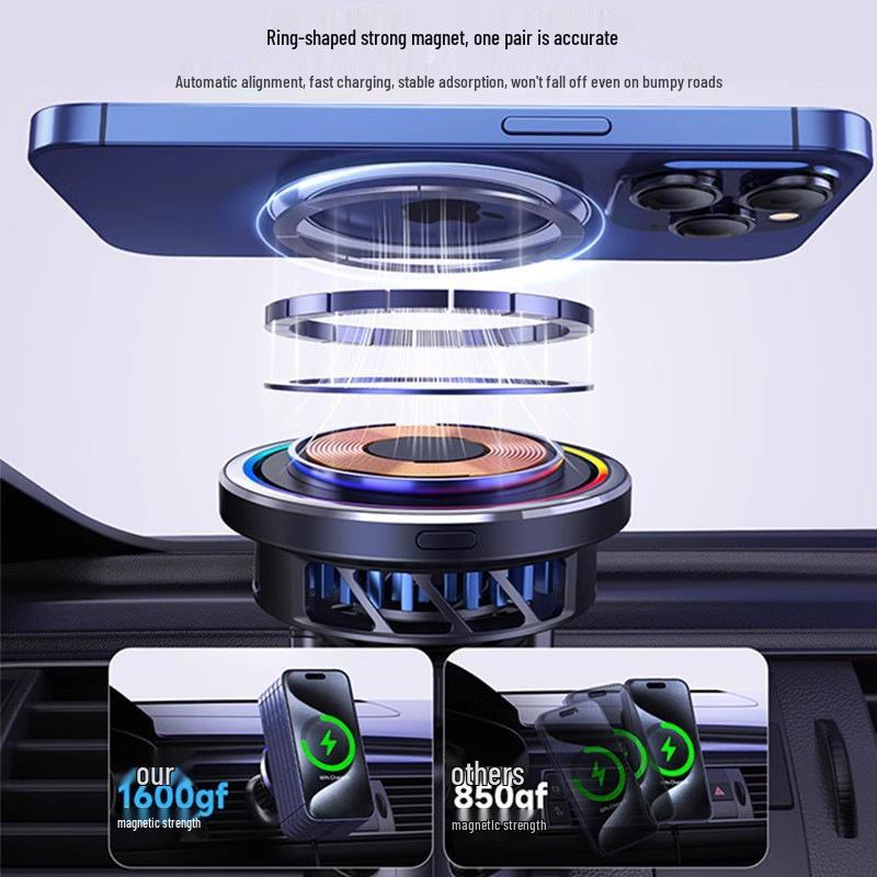 Senfan QI2 15W Magnetic Wireless Car Charger with LED Ambient Light Holder for Apple Devices.