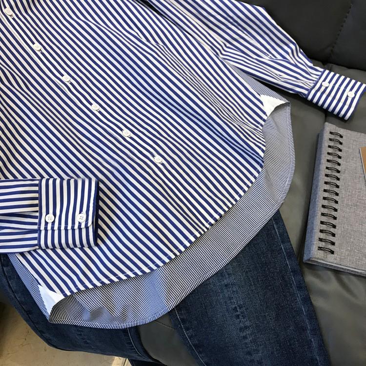 Kadınlar için Şık Mavi & Beyaz Çizgili Uzun Kollu Gömlek - Şık Sonbahar Tasarımı