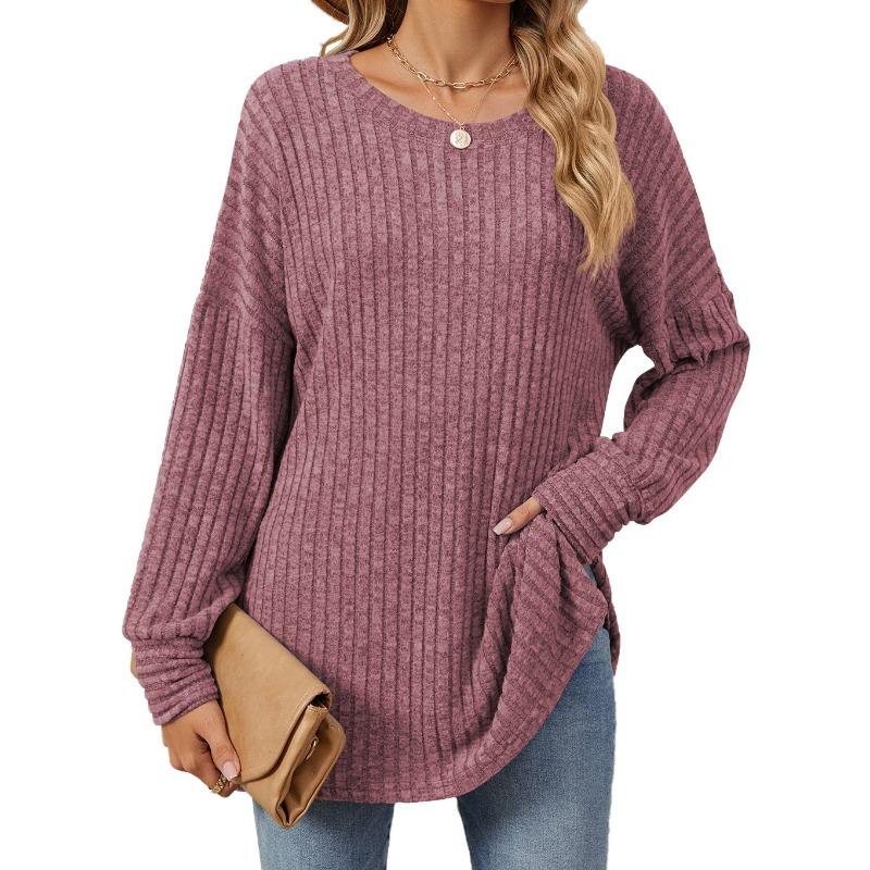 Herbst und Winter Damen Bluse Langarm Loose Rundhals Pit-Stripe Milled Tops