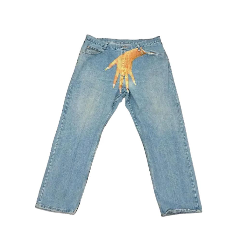ZYLLO Streetwear Jeans Y2K Gothic Hip Hop Finger Graphic Print Retro Blue Baggy Jeans Men Women Fashion High Waisted Wide Leg Trousers