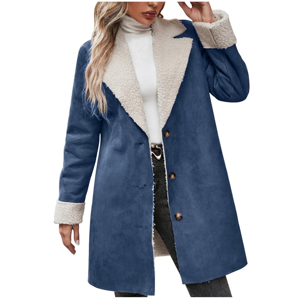 Women's Long Plush Lined Suede Coat with Fur Trim and Metal Buttons In Multiple Colors