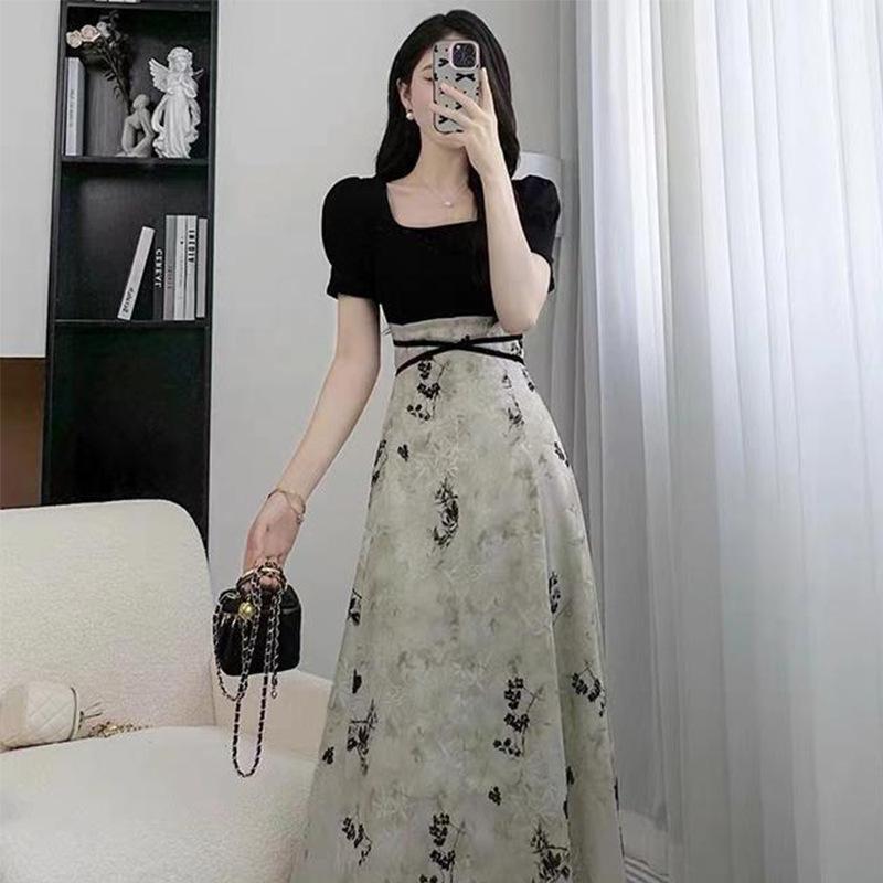 Elegant Summer Guochao Ink Print Dress: Women's Waist-Cinched, Slimming Mid-Length Skirt