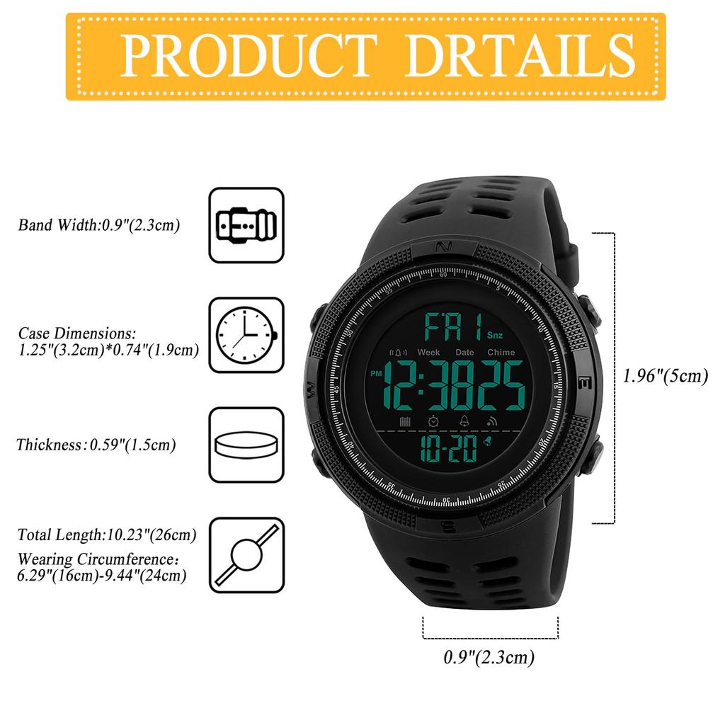 Men's Silicone Watch, 5ATM Water Resistant, Date Display, Day Display, Digital Display, Multi-Function, LED Display, Stainless Steel, Popular,