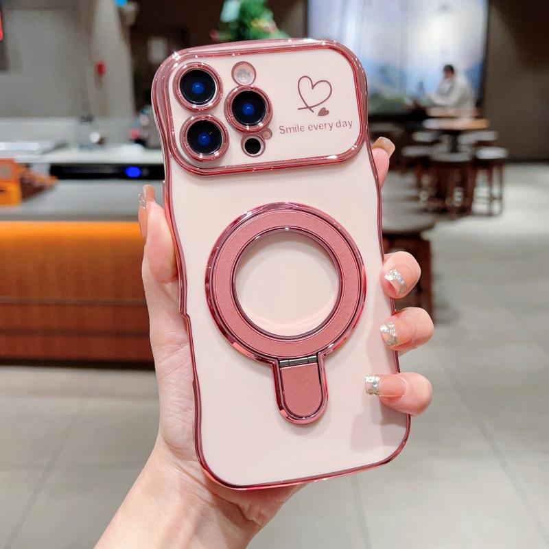 Applicable to iPhone17Promax wave love mobile phone case Apple 16 electroplated magnetic suction bracket anti-drop protective case