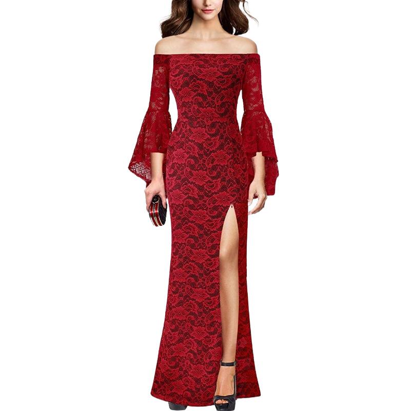 Cross-border women s clothing ebay European and American dresses, cocktail parties, lace long dresses, fishtail dresses, evening dresses, elegant S бордовый