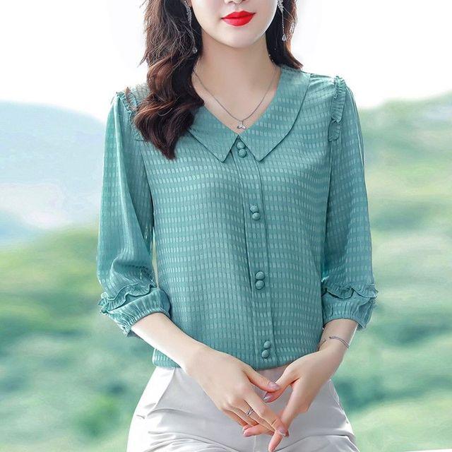 Mom's 3/4 Sleeve Blouse Solid Color Women's Shirt Summer New Doll Collar Chiffon Bottoming Top M-4XL