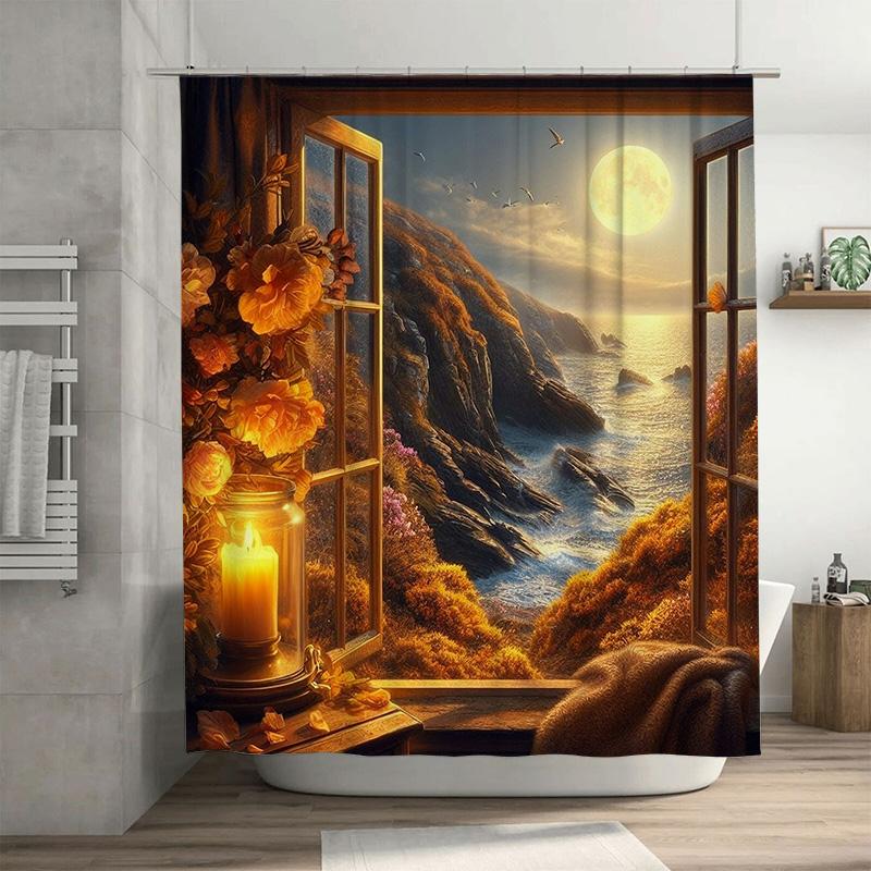 

Вид из окна с лунным океаном Шторка для душа Теплый осенний декор для ванной комнаты Оранжевый цветочный свет 90x180cm