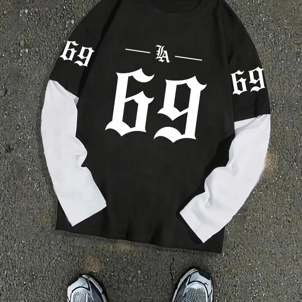 American College Style Patchwork Long-Sleeve T-Shirt with 69 Number Print, 2-in-1 Look, New Versatile College Trend Fashion Patchwork Top