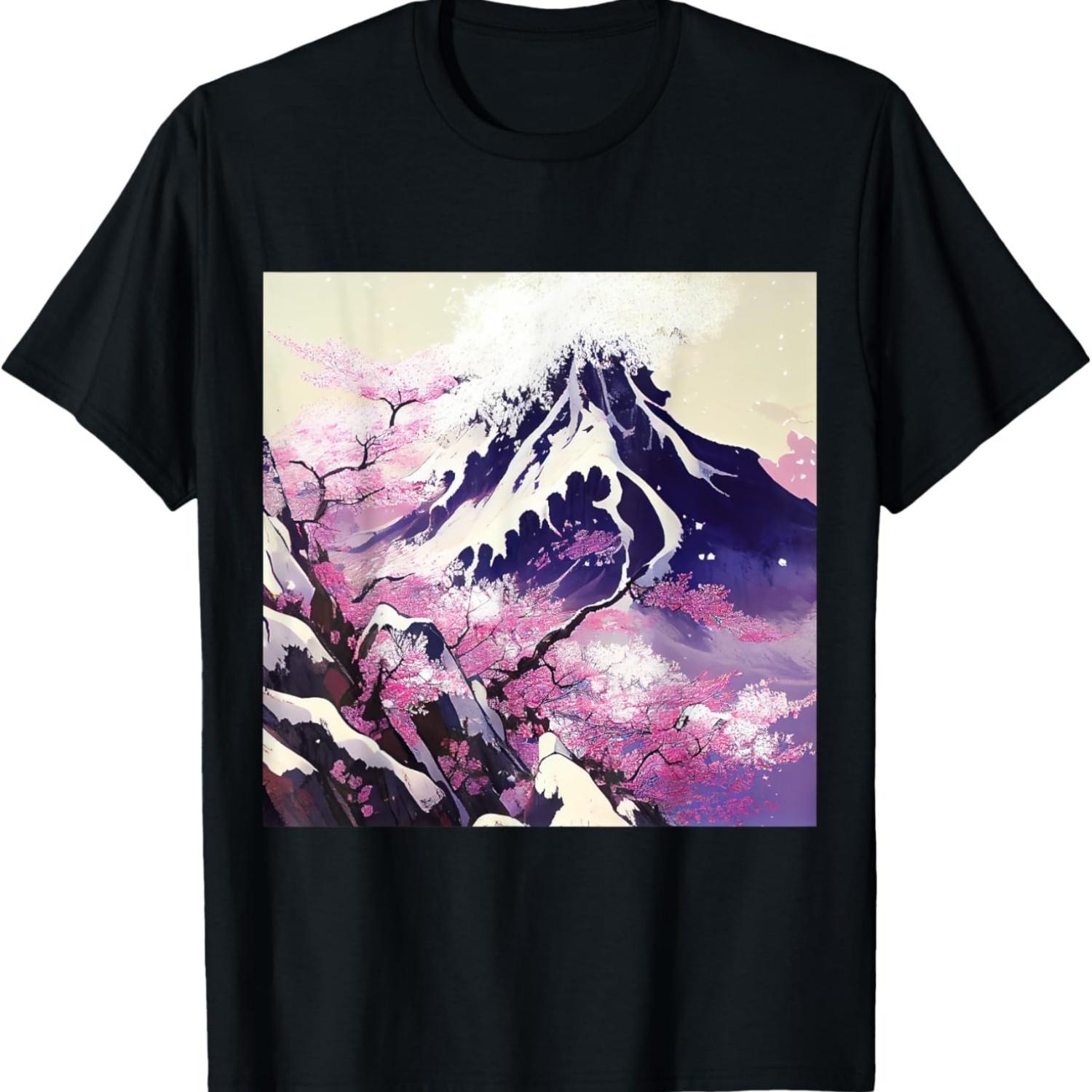 snow mountain Cherry Blossom trees T-Shirt S чёрный