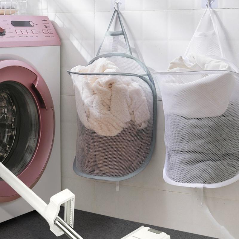 Foldable Mesh Laundry Basket Wall Mounted Adhesive Hanging Storage Bag Bathroom Underwear Clothes Organizer Dirty Clothes Holder