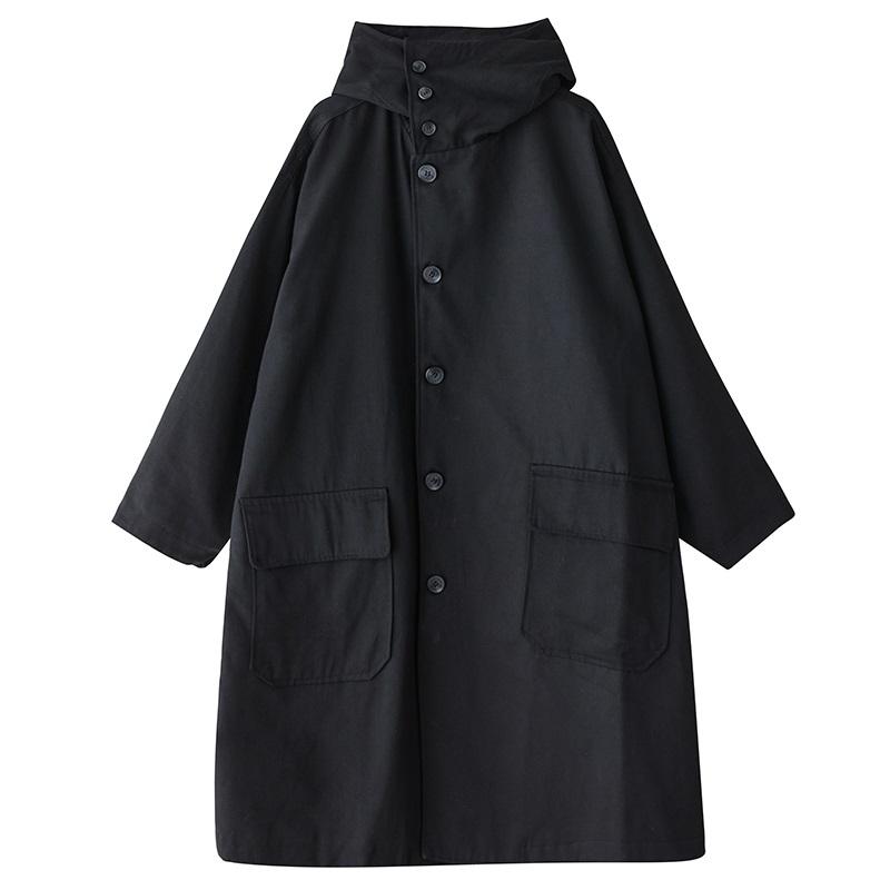 Dámský nadměrný vintage černý trenčkot s kapucí a dlouhým rukávem, ležérní volný podzimní jarní svrchní oděv