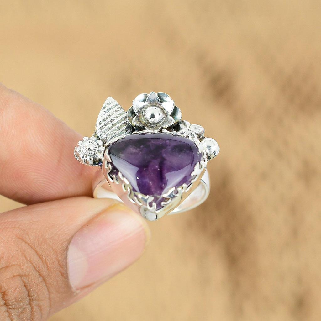 Trillion African Amethyst Gemstone Flower Anniversary Ring 925 Sterling Silver