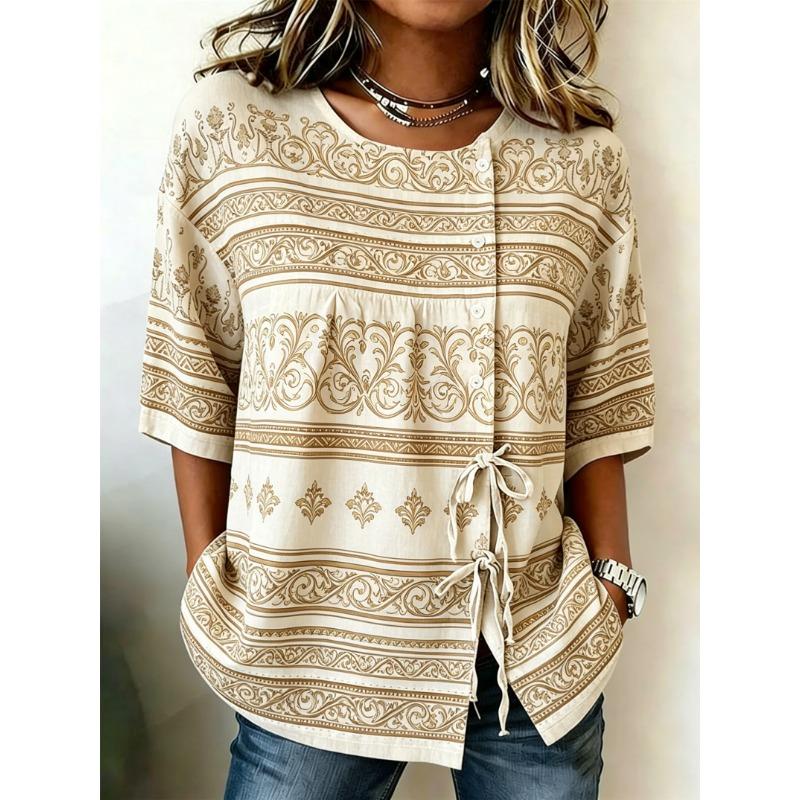 Women's Spring Summer Drawstring Blouse, Retro Floral Greek Key Print Casual Tops for Daily Street Holiday Dating Leisure Outfit