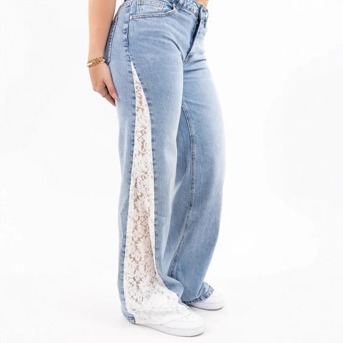 Fantastic wardrobe Dames Elastische Kant Jeans Contrasterende Kleur Splicing Wijde Pijp Rechte Pijp Denim Broek S blauw