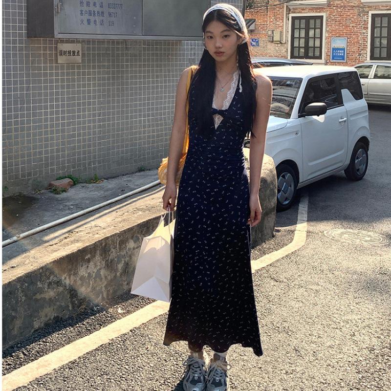 Suspender dress women's summer new floral hanging neck waist thin long dress temperament skirt