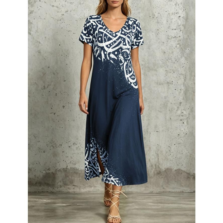 YYFS Women's Fashion Summer Spring Short Sleeve V-Neck Loose Waistlinet Casual Dresses