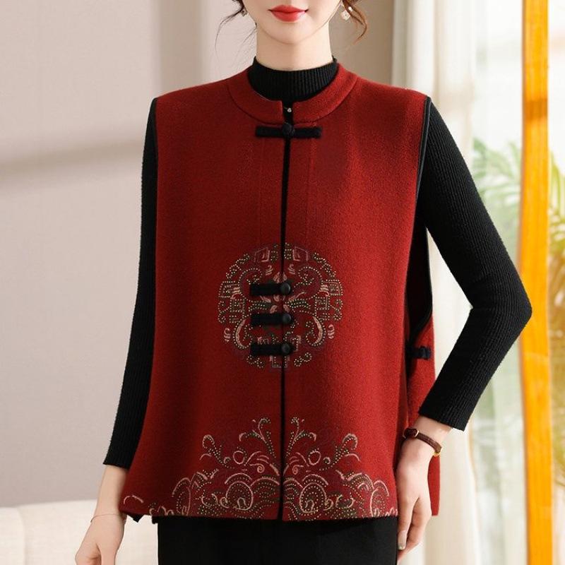 Stylish Women's Stand Collar Knit Vest with Frog Button & Embroidery - Warm Waistcoat for Middle-Aged & Elderly Mothers in New Chinese National Style.