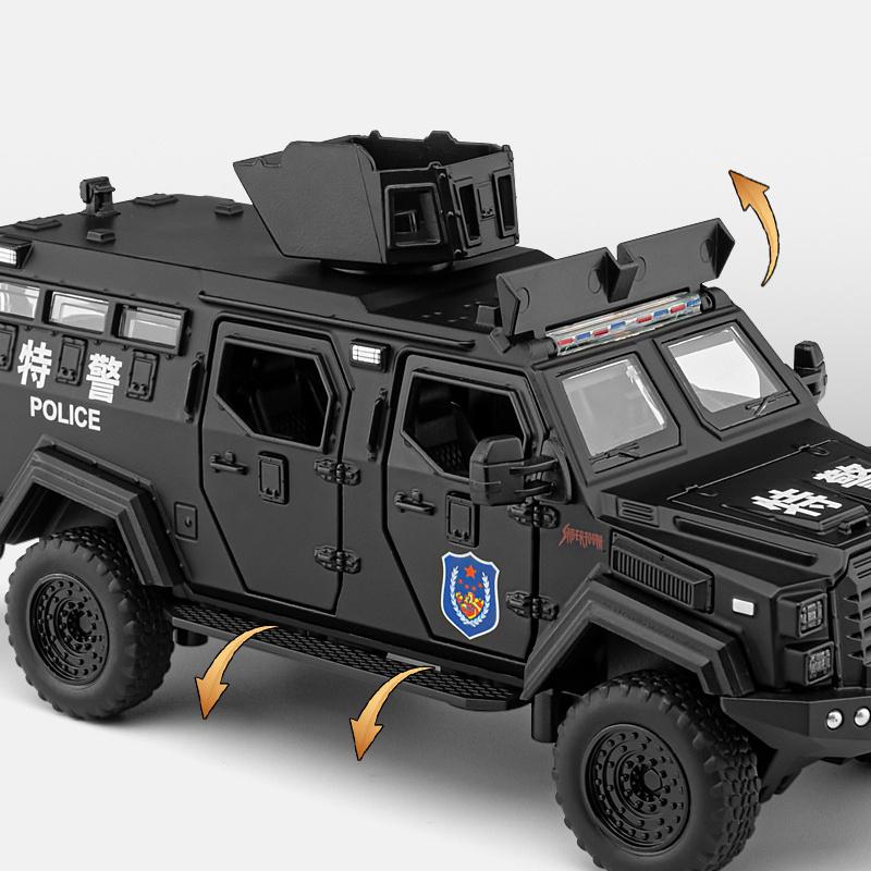 1:32 Alloy Police Explosion Proof Car Model Diecasts Metal Sword Toothed Tiger Armored Vehicles Car Model Sound Light Kids Gifts