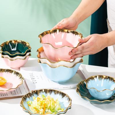 Luxurious Ceramics Phnom Penh Vegetable Fruit Salad Bowls And Plates Golden Rim Fruit Tray Dessert Ice Cream Rice Bowl Tableware