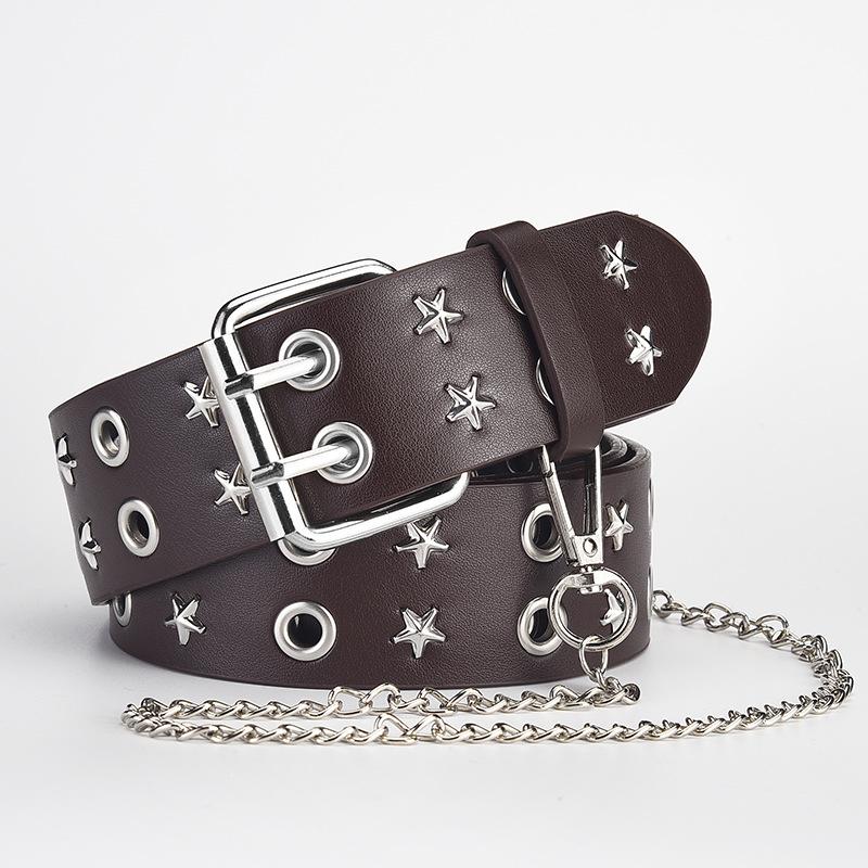 Men's Punk Leather Belt with Double Row Pin Buckle and Eyelets - Star Design