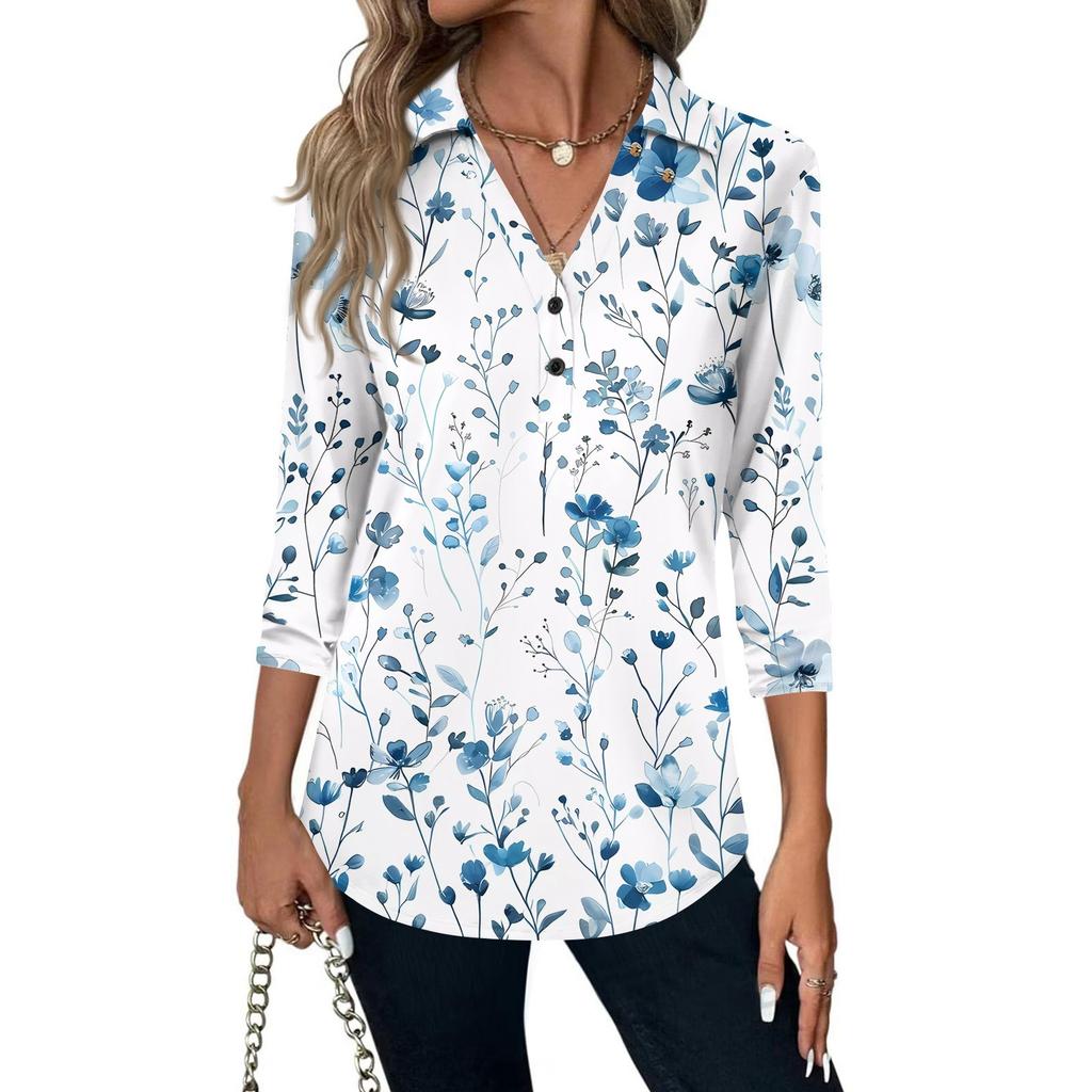Women's Fashion Casual Lapel Short 3/4 Sleeve Print Shirt Women's V-Neck Button Tops