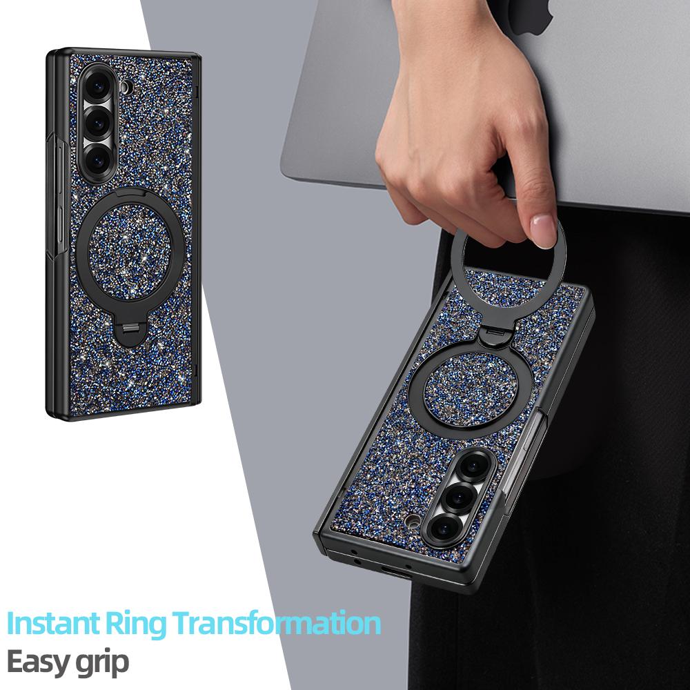 Luxury Girls Glitter Bling Faux Leather Plating Phone Case For Galaxy Z Fold 7/6 With Rotatable Holder, Anti-peeping Glass Film