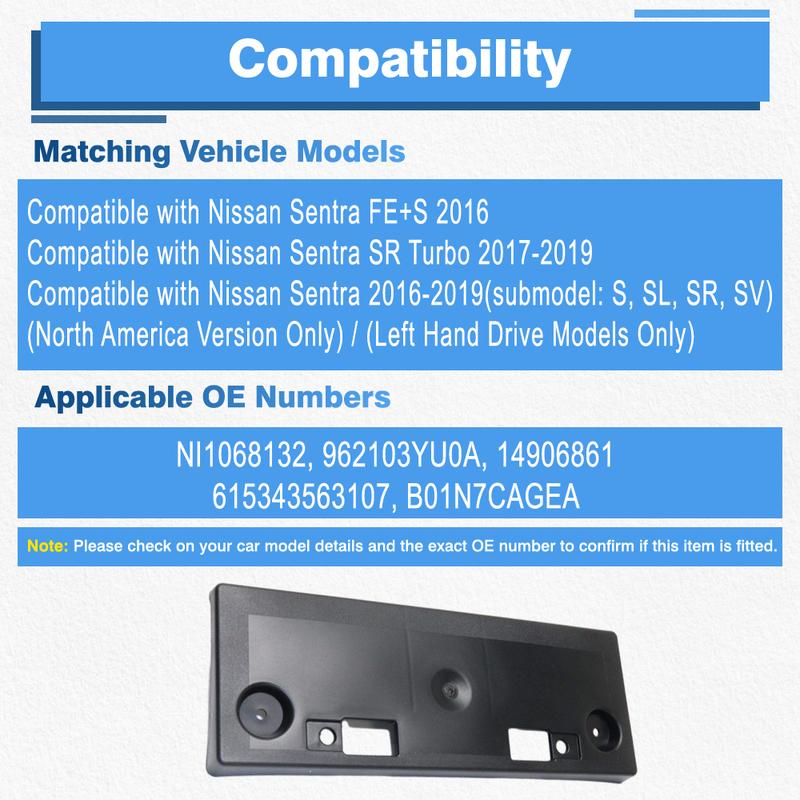 Car Front Bumper License Plate Mounting Bracket Accessories For Nissan Sentra FE+S SR Turbo S SL SR SV 2016- 962103YU0A