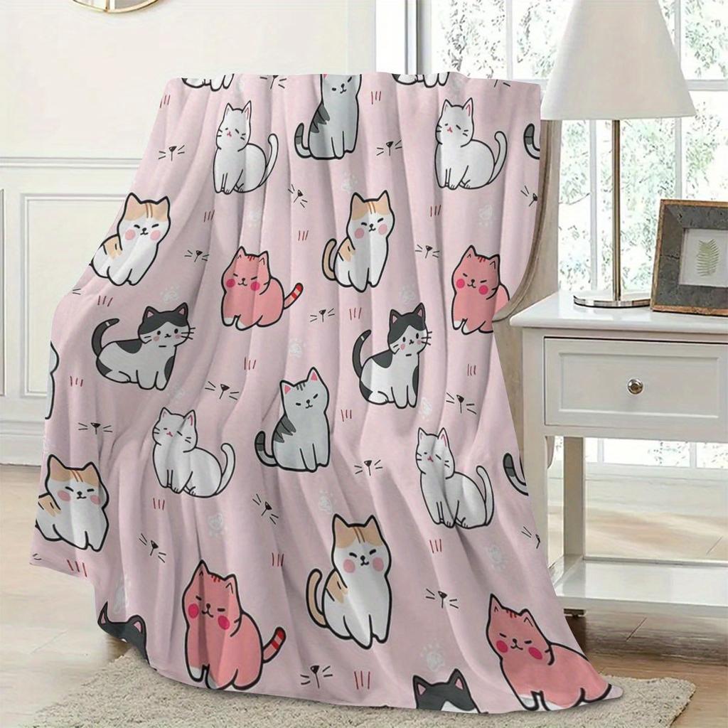 Cute Cartoon Cat Flannel Throw Blanket Pink Background Kitten Doodle Animal Print Soft Bed Sofa Blanket