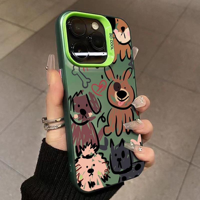 Funny Graffiti Dogs Phone Case For iPhone 15 16 Pro Max 14 13 12 11 X XS XR 7 8 Plus SE 2 3 Electroplate Silver IMD Cute Cover