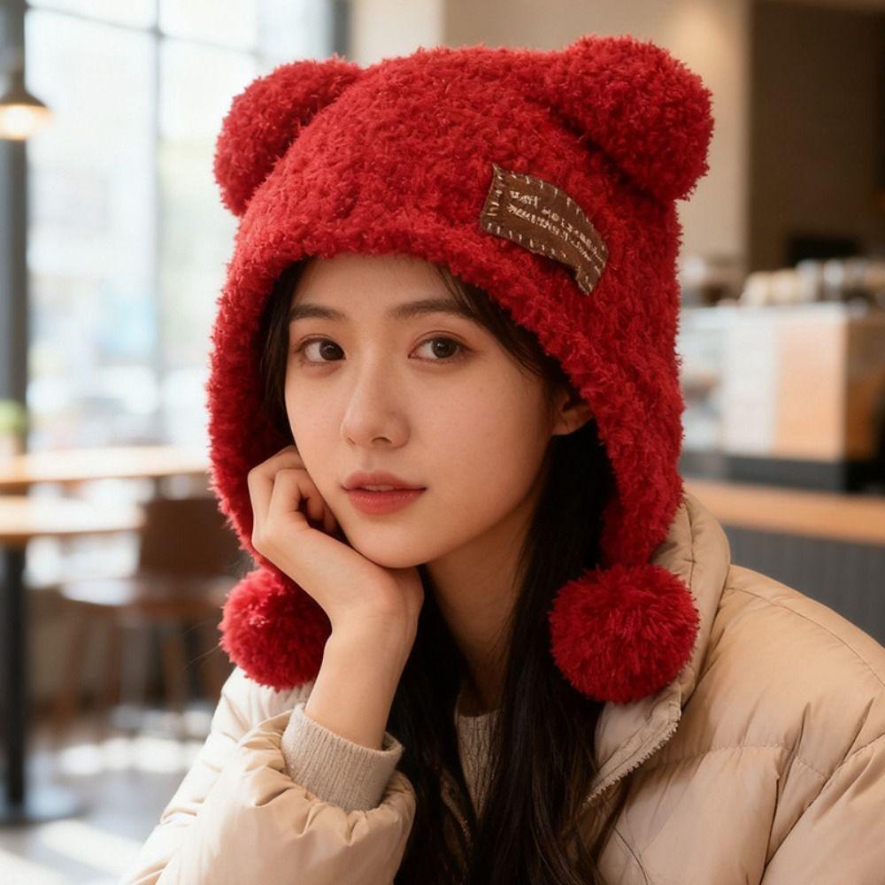 Bear Ears Little Bear Ears Hat Fluffy Winter Plush Hat Leisure Balaclava Hat  Female/Girls
