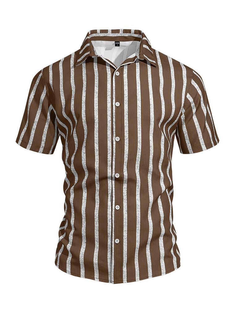 Summer Casual Short Sleeve Shirt Vertical Stripe Pattern Men Daily Blouse Fashion Regular Fit Men Striped Turn Collar Short Sleeve Shirt
