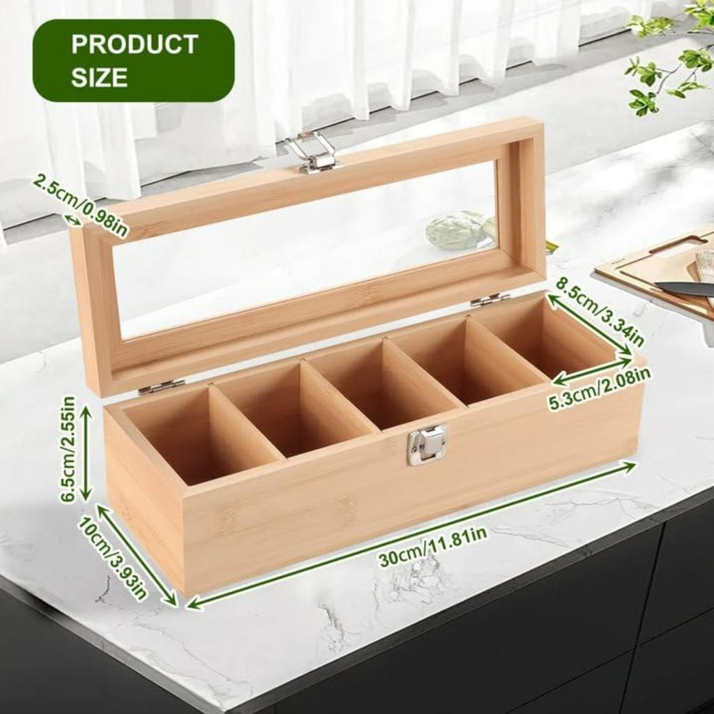 Tea Box,Wooden Detachable partition Tea Storage Box,Tea Bag Box Tea Bag Organizer with 5 compartments,Tea Box Organiser Storage,Tea Chest Container
