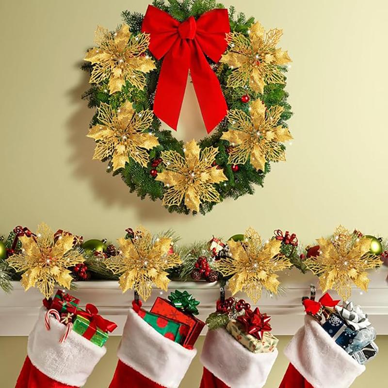 5Pcs Gold Christmas Sparkling Flowers Heads For Xmas Tree Hanging Ornament Home Room Decor Party DIY Wreath New Year 2025 Gifts